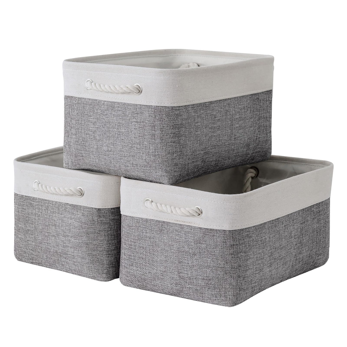 TheWarmHome Storage Basket for Organizing - Medium 3 Pack 14x10x7 inch Fabric Storage Cubes for Shelves with Rope, Collapsible Storage Bin for Organizer Closet Cloth Gift Toy (White & Jean Blue)
