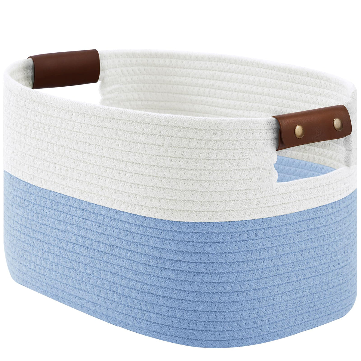 ECDYQXVU 15x10x9 Woven Cotton Rope Storage Basket, Leather Handles 1 Pack