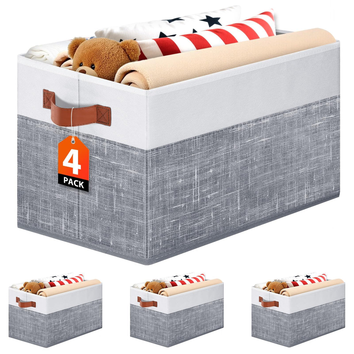Fab totes Collapsible Storage Baskets for Shelves,14"x10", 4 Pack Foldable Fabric Storage Bins with Double Leather Handles, Large Baskets for Organizing Books, Clothes, White & Grey
