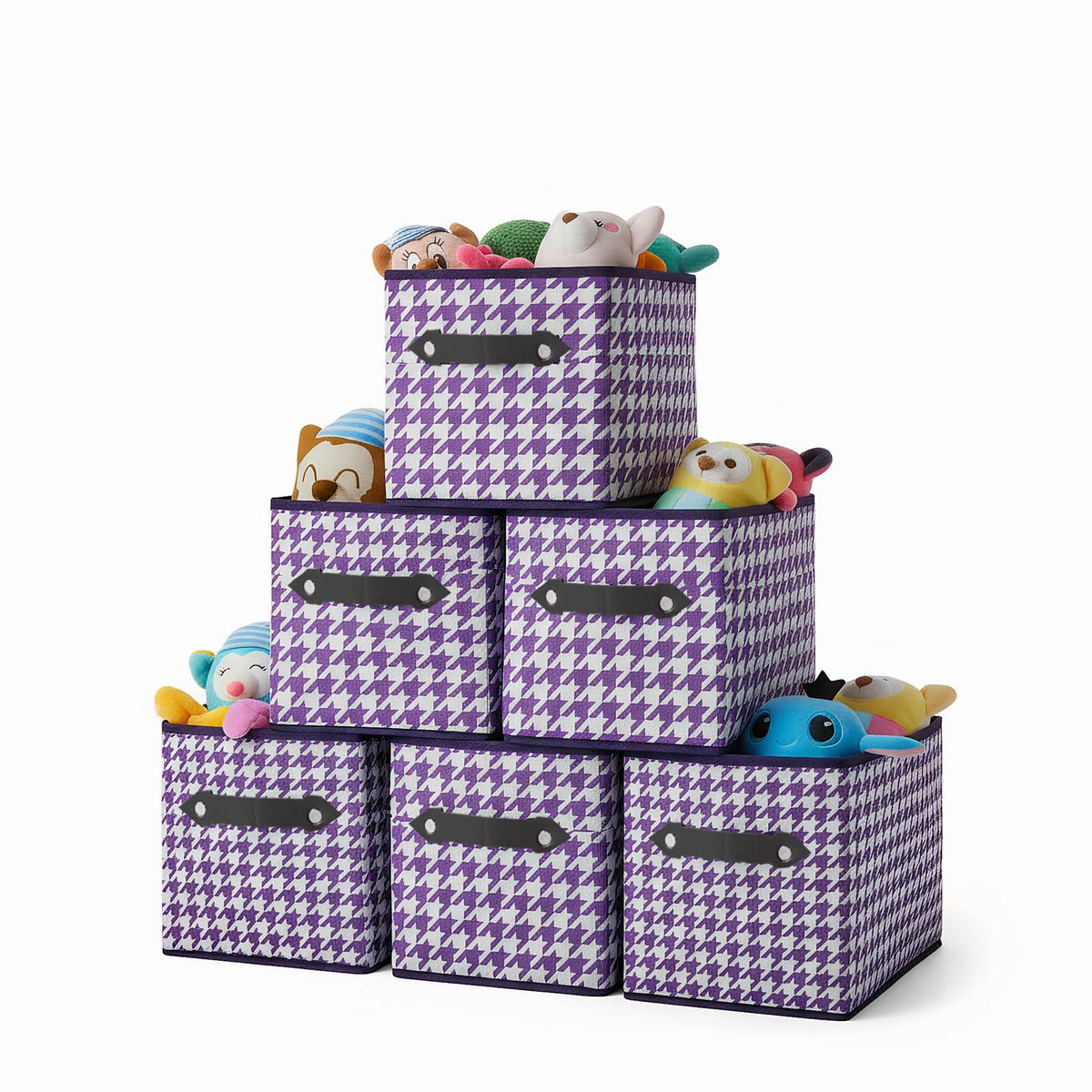 1 Pack Large Collapsible Storage Baskets for Shelves,14.9"x9.5" Fabric Closet storage Boxes with Leather Handles,Decorative Organizers Storage Bins for Clothes,Sheets,Books,(Purple Houndstooth