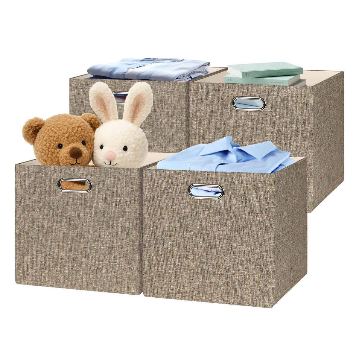 Posprica 3X Thicker Fabric Storage Cubes 13 inch Collapsible Storage Bins for Organization, Cubby Storage Baskets for Organizing Shelf Cabinet Bookcase Boxes, Set of 4, Coffee