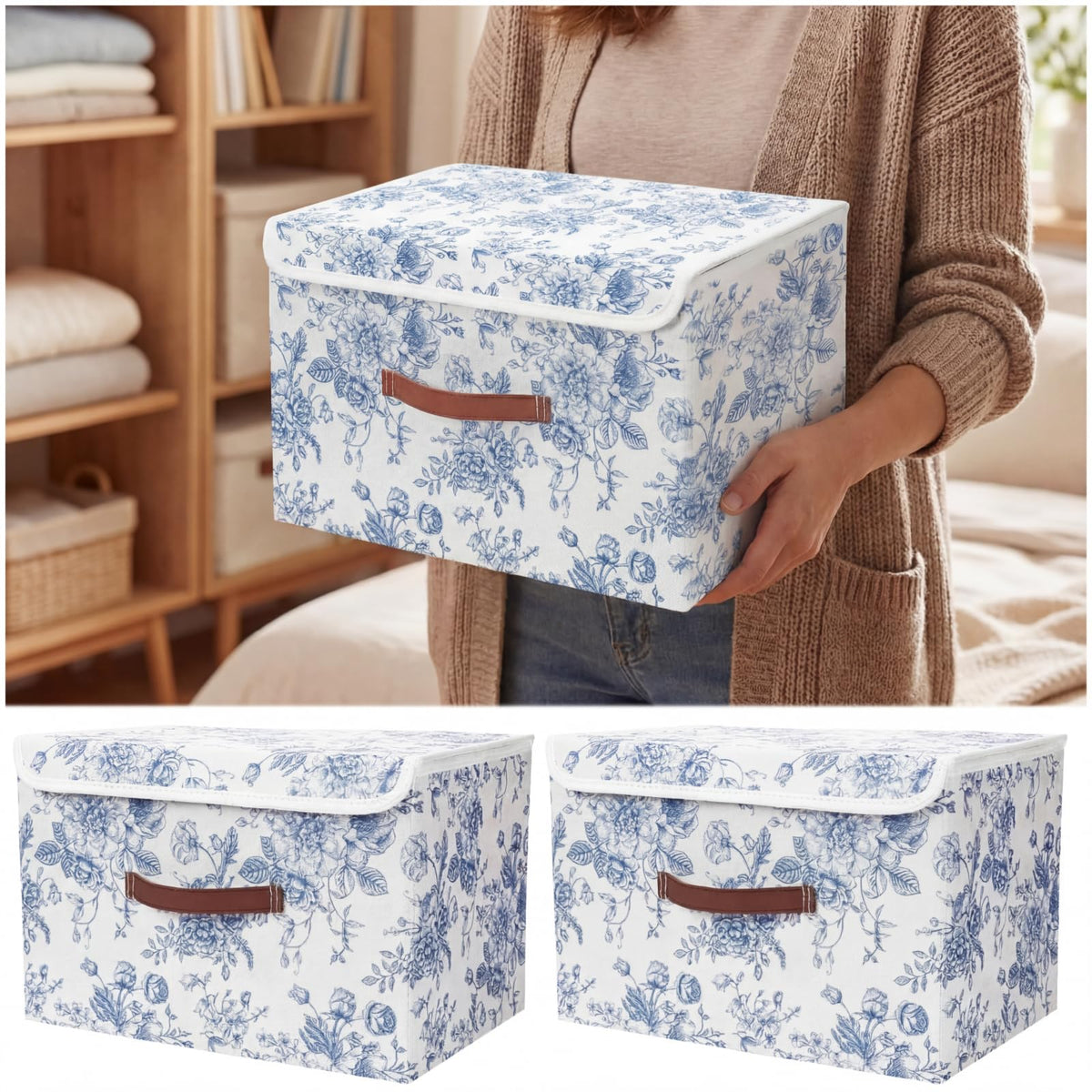 2 Pack Sage Green Floral Storage Bin with Lids, 15x10x10 Inch