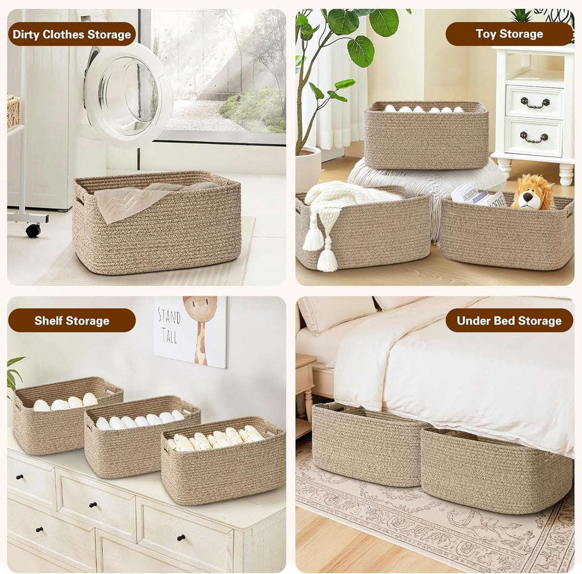 2 Pack Large Storage Basket for Organizing, 17.5"x13"x7" Woven Basket for Shelves, Closet Cube Storage Bins with Wrapped Handle, Cotton Rope Baskets for Kitchen, Clothes, Toys (Natural)