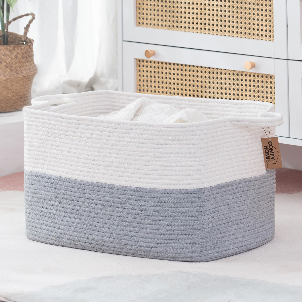 COMFY-HOMI Cotton Rope Woven Basket with Handles for Shelves,Toys,Book, Cloth Storage Baskets Bin for Organizing- 1 PCSToy Decorative Organizer for Living Room, Bathroom