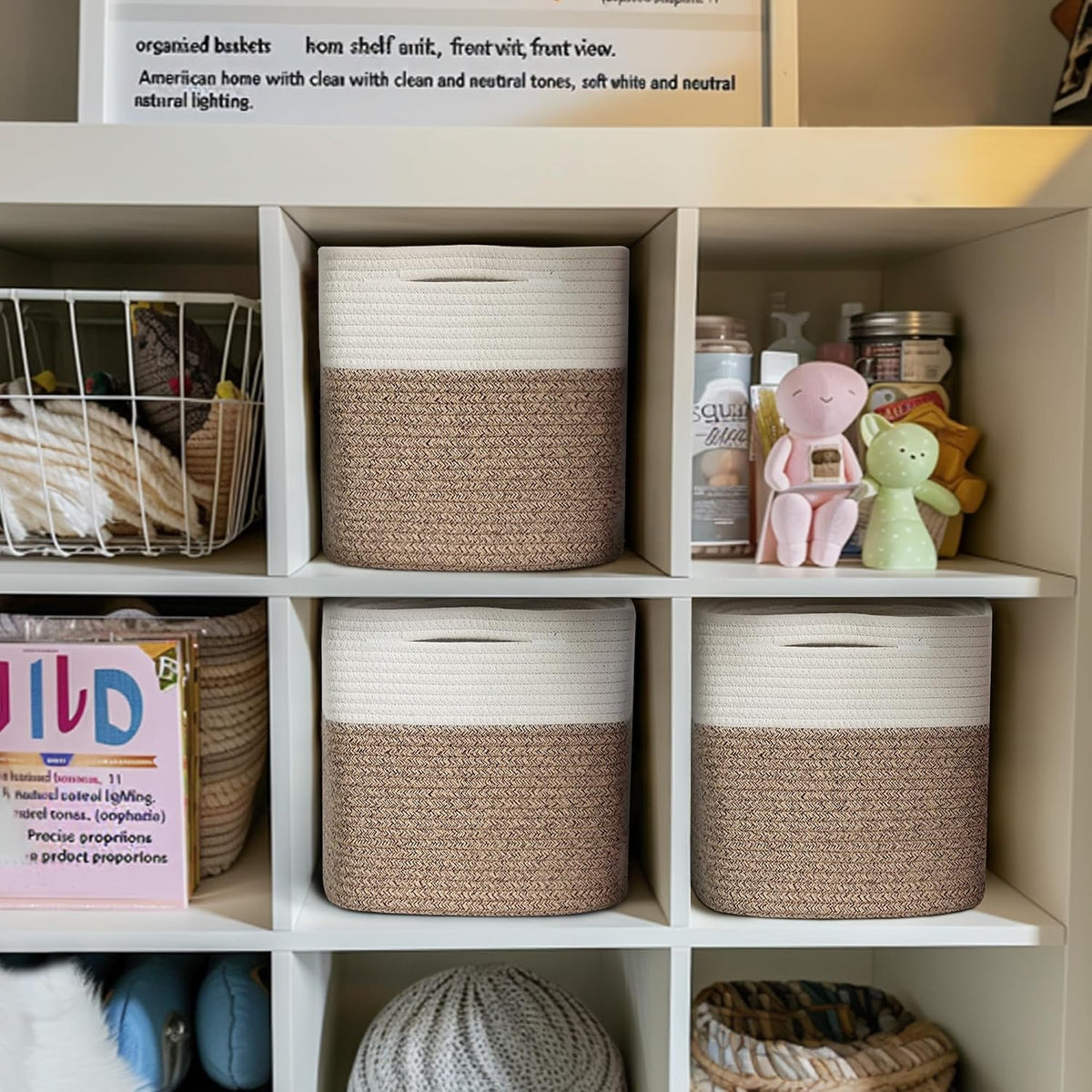 11x11 Cube Storage Bin - 3 Pack Woven Storage Cubes Organizer, 11 Inch Cotton Rope Baskets for Organizing, Square Baskets for Shelves, Baby Nursery Closet Bins, Cubby Toy Box Organizer