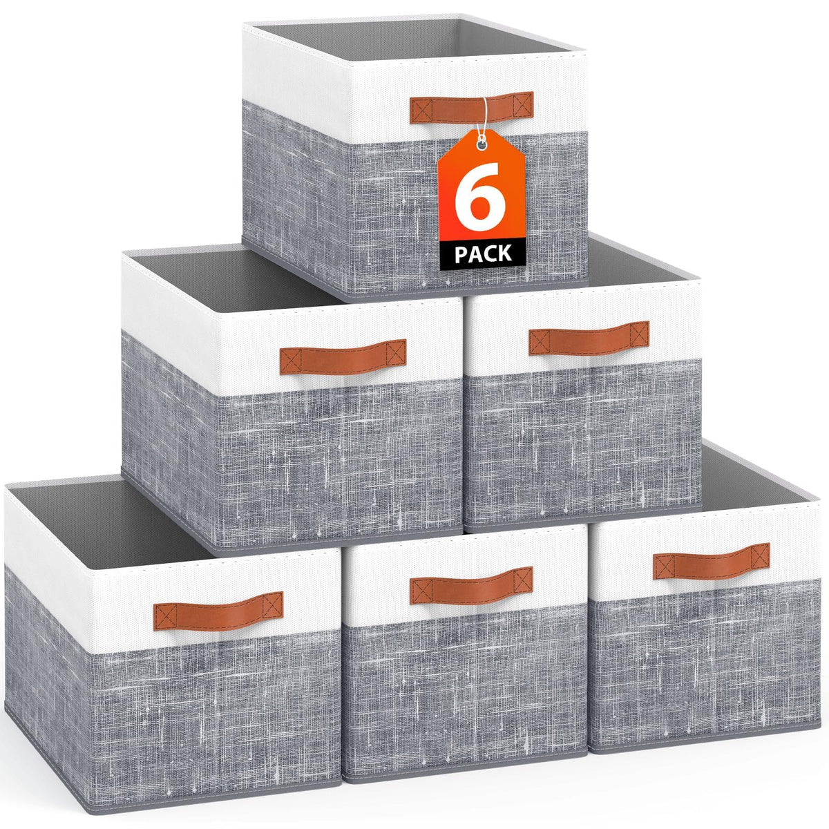 Fab totes Collapsible Storage Baskets for Shelves,14"x10", 4 Pack Foldable Fabric Storage Bins with Double Leather Handles, Large Baskets for Organizing Books, Clothes, White & Grey