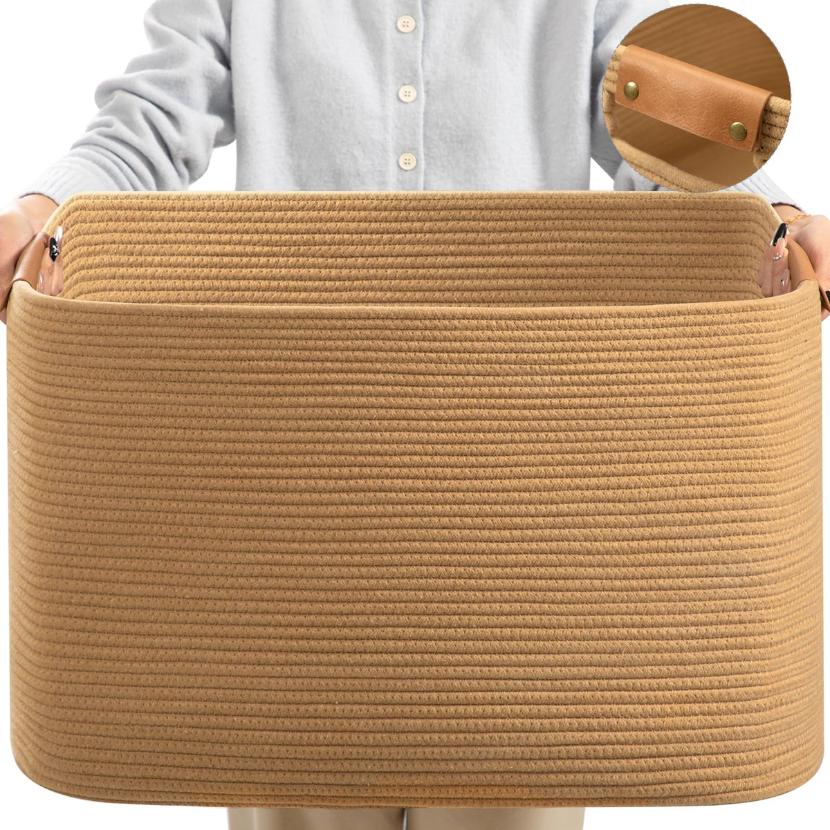 danpinera Blanket Basket, 72L Woven Storage basket with Leather Handle, Eco-friendly Decorative Storage Organization in Bathroom & Living Room for Towels 22 ''*17 ''*11.8 '', Gradient Brown