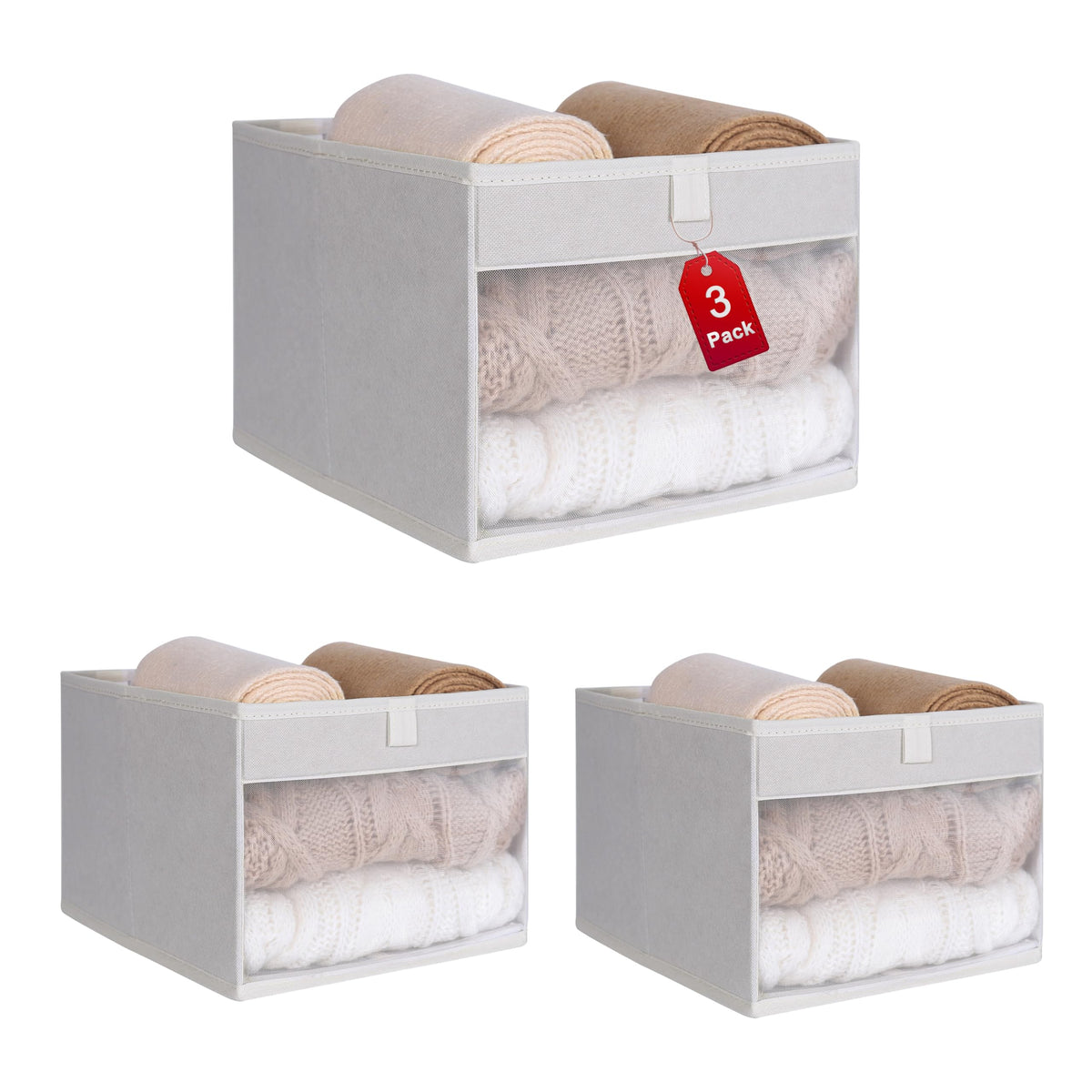 WUIKE Closet Storage Bins with Clear Window, Beige, Large, 3-Pack
