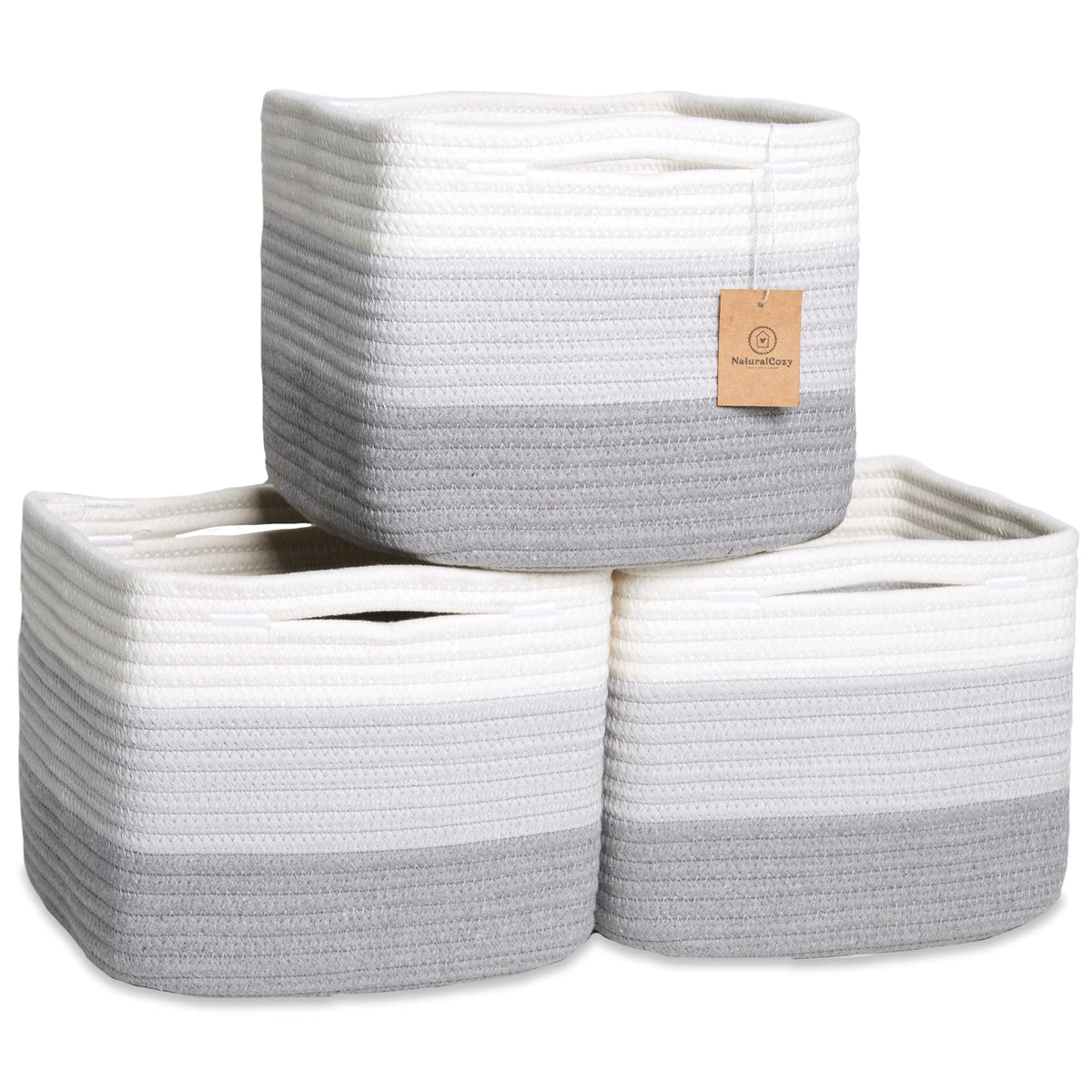 NaturalCozy Storage Cubes 9”x9”x7”Cotton Rope Woven Baskets for Organizing 3-Pack | 9 Inch Cube Storage Bin | Small Basket for Shelf Nursery, Pantry, Decorative Plant, Bathroom Closet, Toy Gift