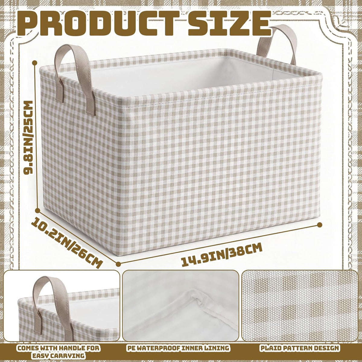 Hushee Khaki Gingham Basket Checkered Storage Collapsible Bin with Handles