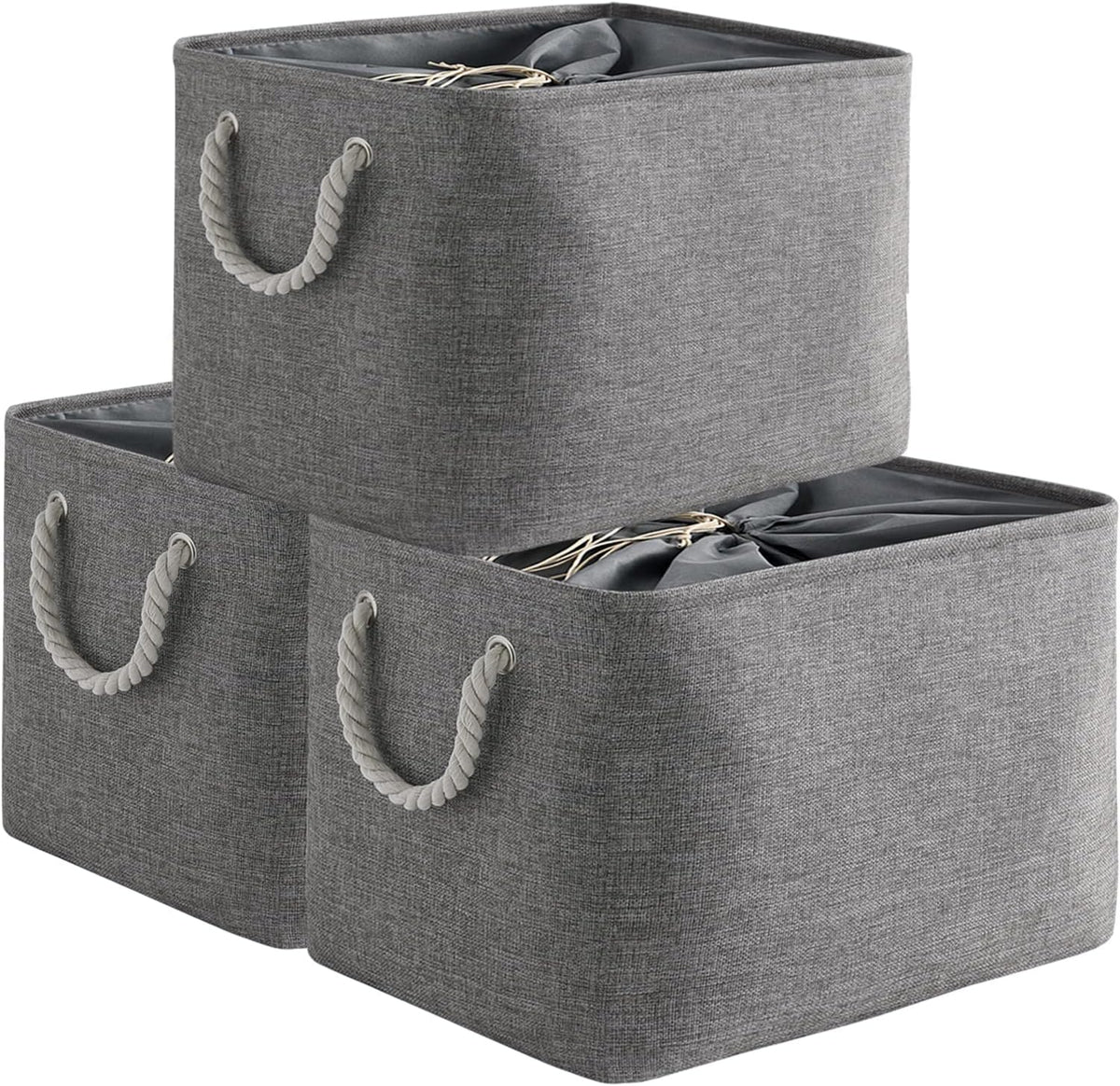TheWarmHome Storage Basket for Organizing - Medium 3 Pack 14x10x7 inch Fabric Storage Cubes for Shelves with Rope, Collapsible Storage Bin for Organizer Closet Cloth Gift Toy (White & Jean Blue)
