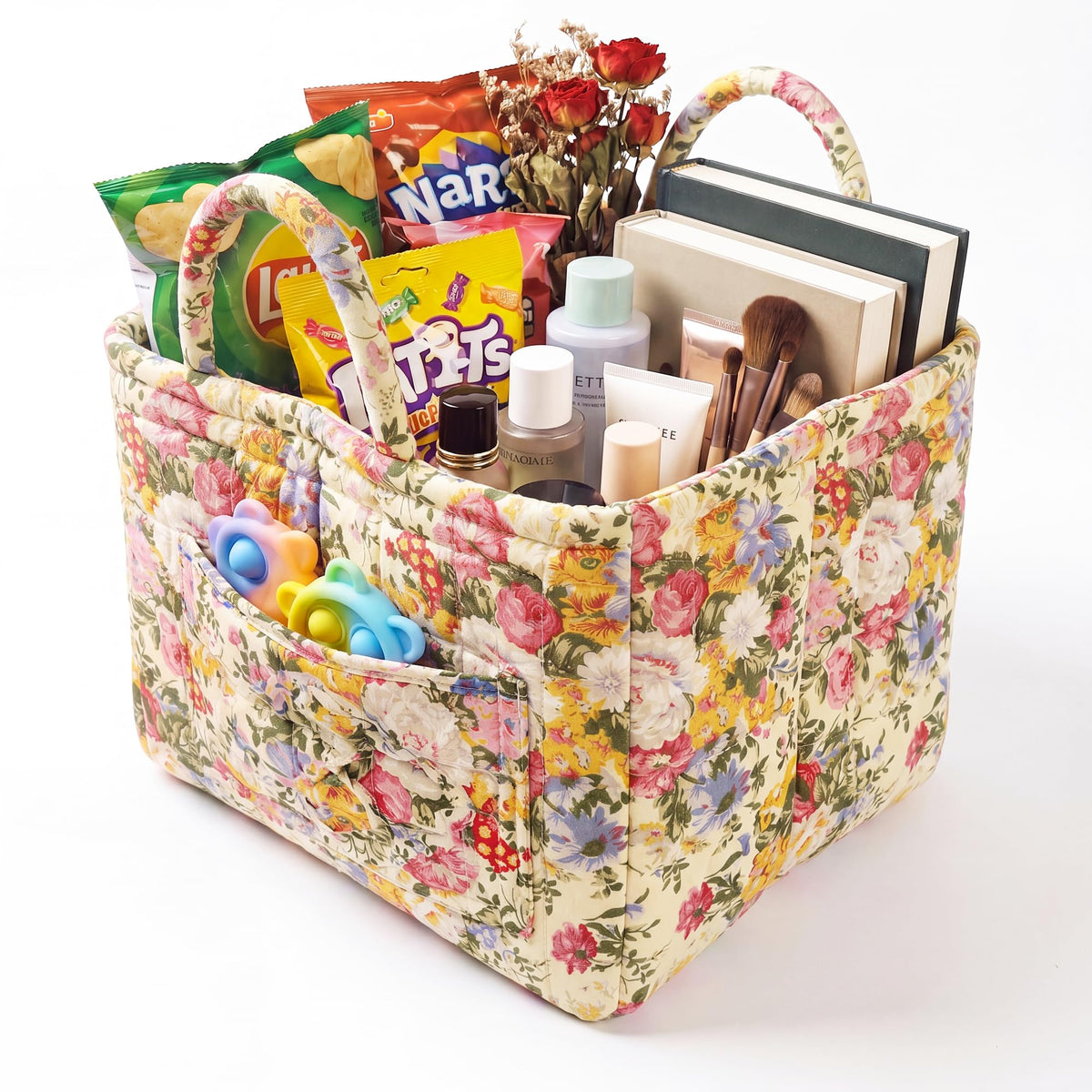 Quilted Laundry Basket with Handles, 1.2cm Thick Padded Fabric Car Storage Basket for Organizing Clothes, Boho Floral Collapsible Home Storage Hamper, 13x10x10.6 Inches (4 Color Options)