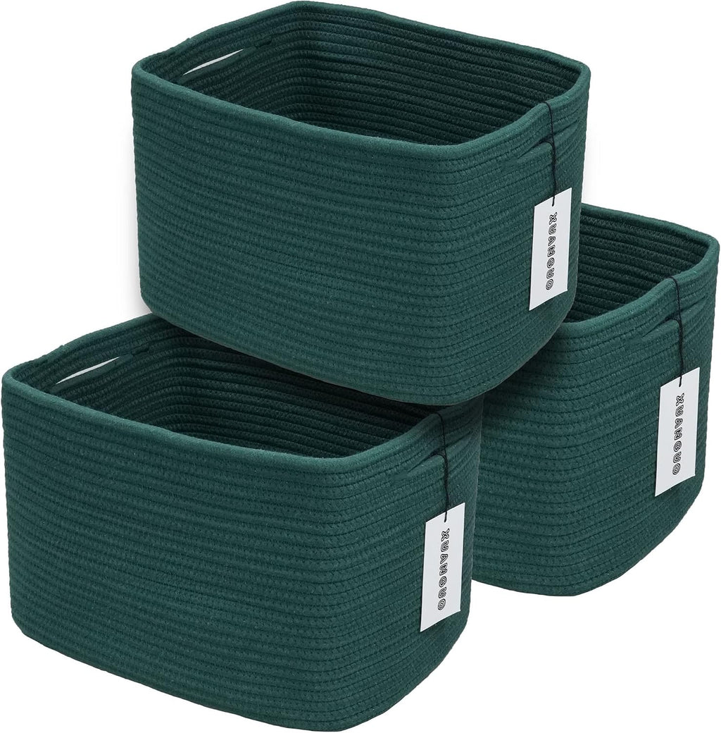 XUANGUO Woven Cotton Rope Storage Baskets 15x10x9.3" 3 Pack Dark Green