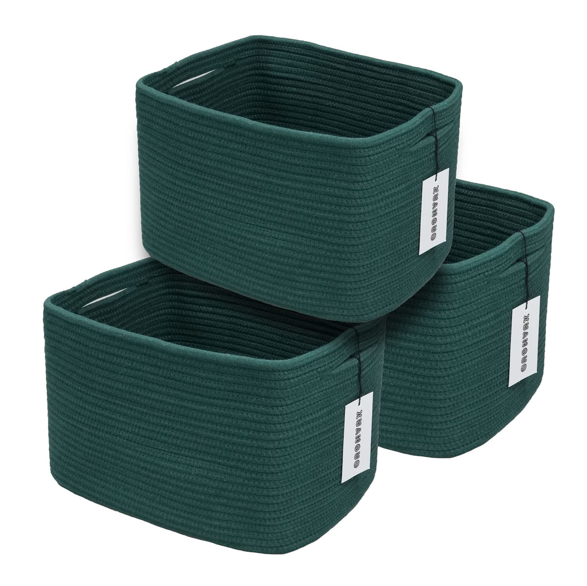 XUANGUO Woven Cotton Rope Storage Baskets 15x10x9.3" 3 Pack Dark Green