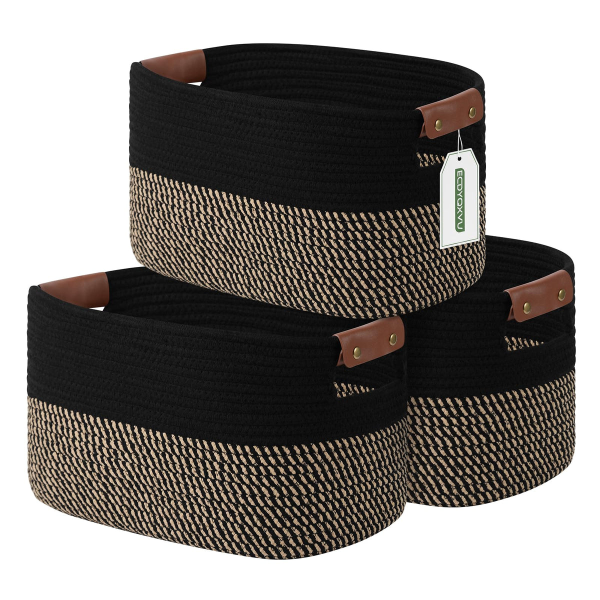 ECDYQXVU 15x10x9 Woven Cotton Rope Storage Basket, Leather Handles 1 Pack