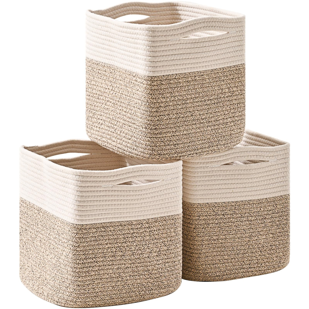 ICERZCZ 11 Inch Cube Storage Bins, Woven Baskets, Mixed Brown, Pack of 3
