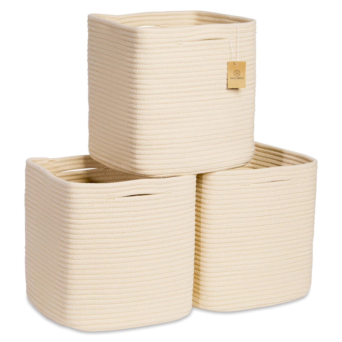 NaturalCozy Storage Cubes 11 Inch Cotton Rope Woven Baskets for Organizing, 3-Pack | Cube Bin Square Shelves Organizer, Classroom, Kids Toy Bins, Closet, Baby Nursery