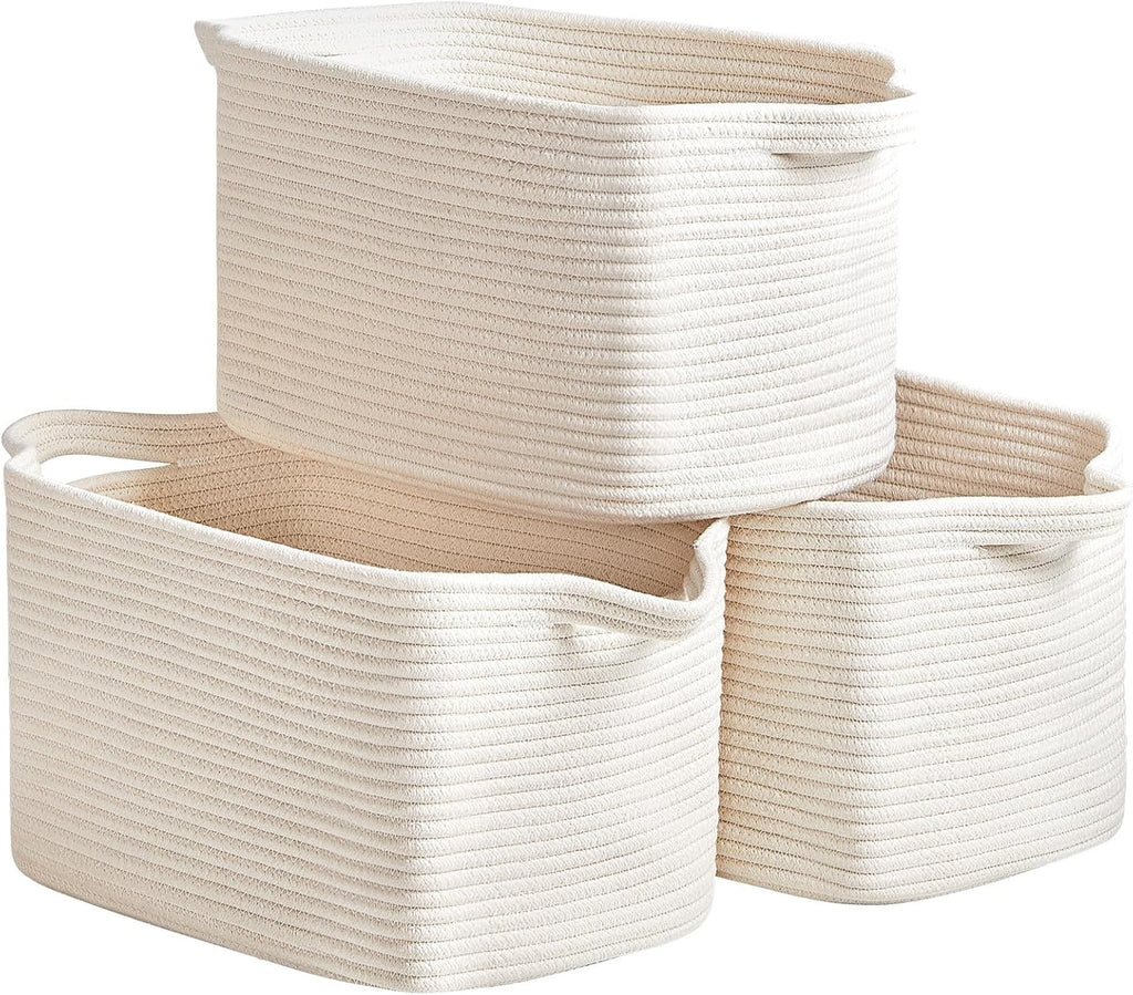 R RUNKA Cotton Rope Basket Set of 3 (15"x10.2"x9.1") - Rectangle Storage Bins - Versatile Toy Storage Organizer - Perfect for Kids, Dog Toys, Books, Shelves - White