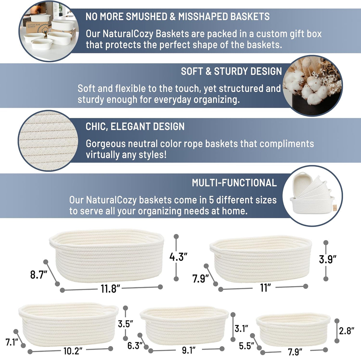 NaturalCozy 5-Piece Rectangle Storage Basket Set- Natural Cotton Rope Woven for Organizing! Small Basket for Montessori, Baby Nursery, Dog Toy Baskets, Cat Toy Box, Bathroom Organization Bin