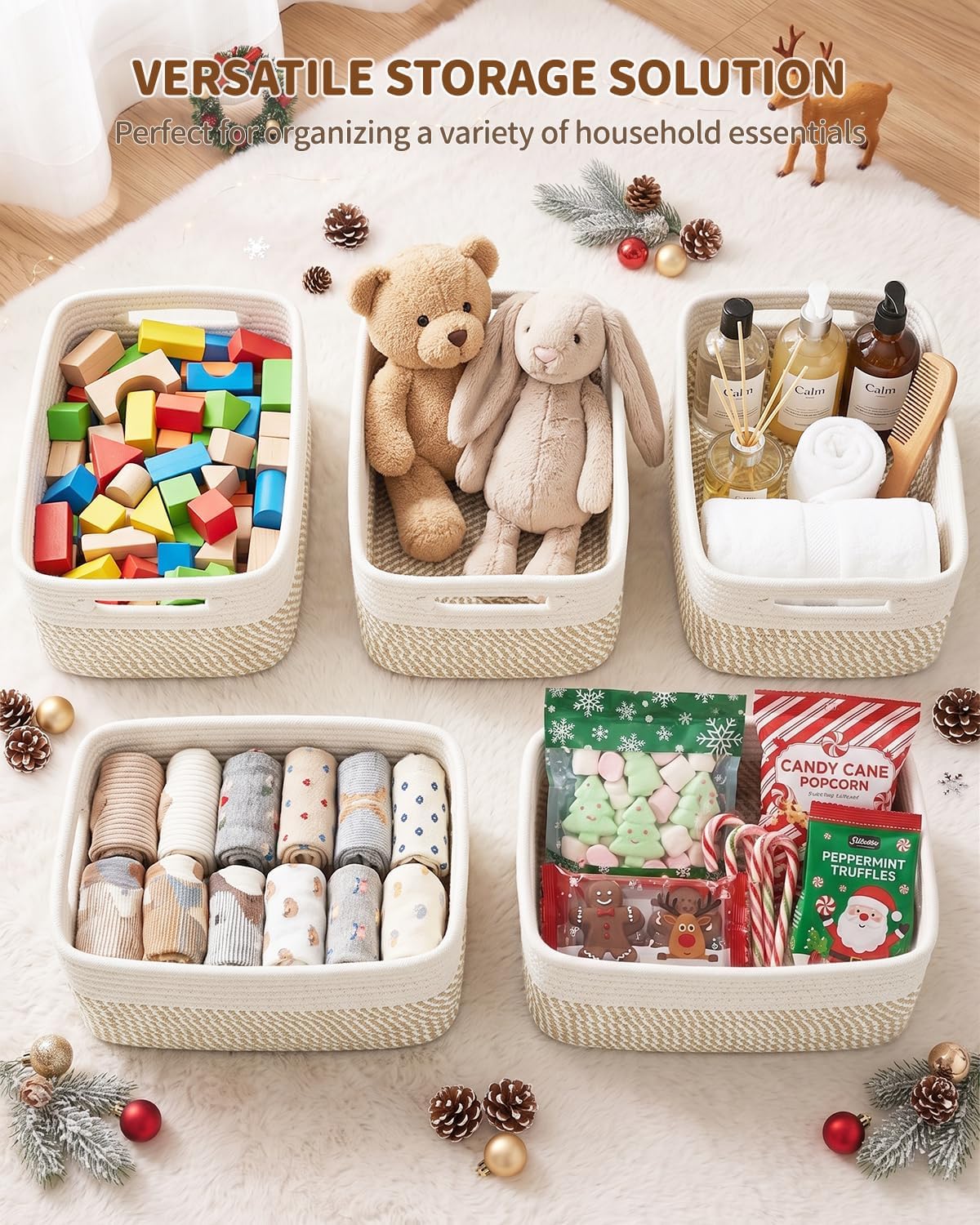 5 Small Woven Storage Basket for Organizing Shelves with Handles