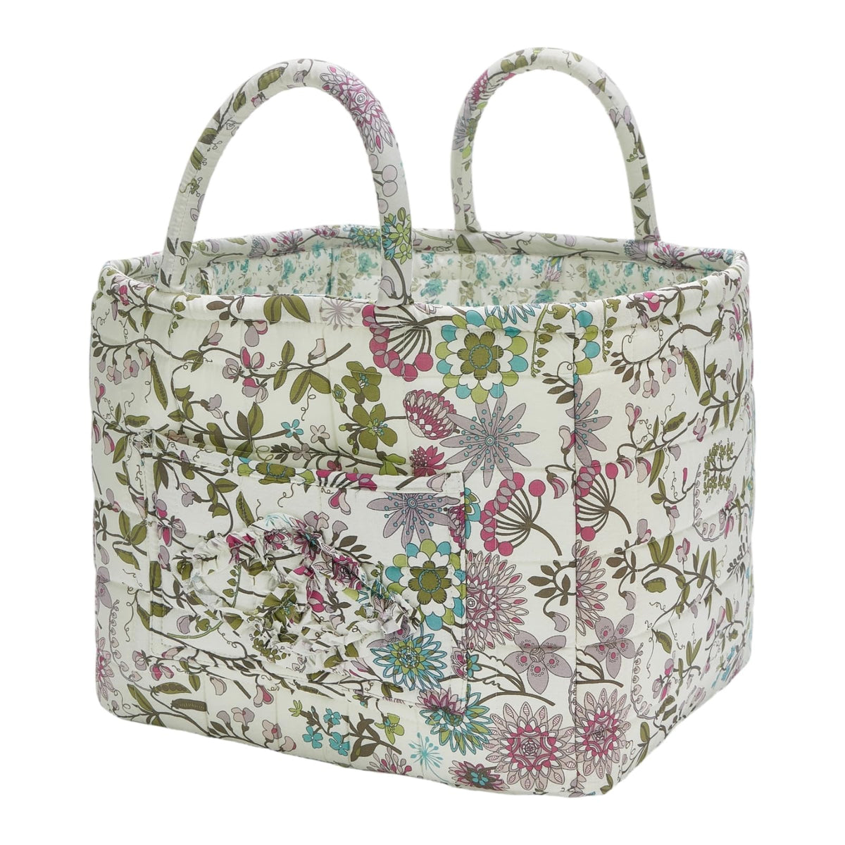 Quilted Fabric Storage Baskets with Handles, Boho Floral Gift Basket Foldable Organizer Bin for Home Decor, Picnic, Travel 12''x10''x10'' (Light Green)