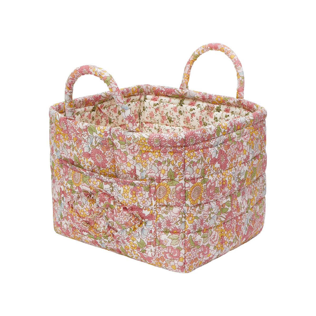 Quilted Fabric Storage Baskets with Handles, Boho Floral Gift Basket Foldable Organizer Bin for Home Decor, Picnic, Travel 12''x10''x10'' (Light Green)