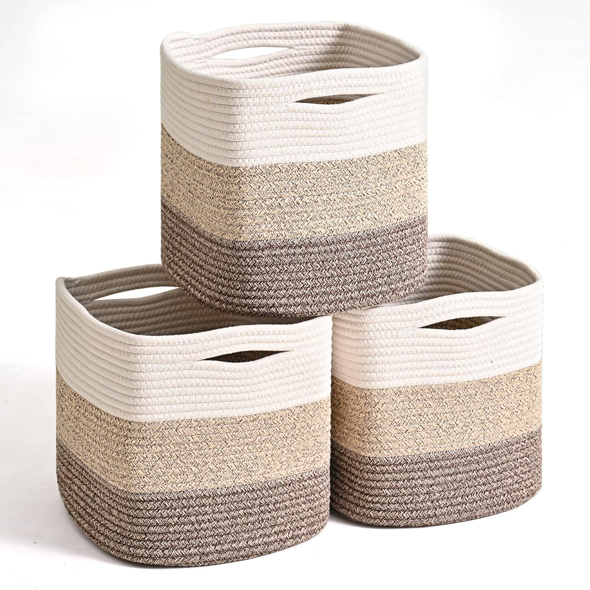 ICERZCZ 11 Inch Cube Storage Bins, Woven Baskets, Mixed Brown, Pack of 3