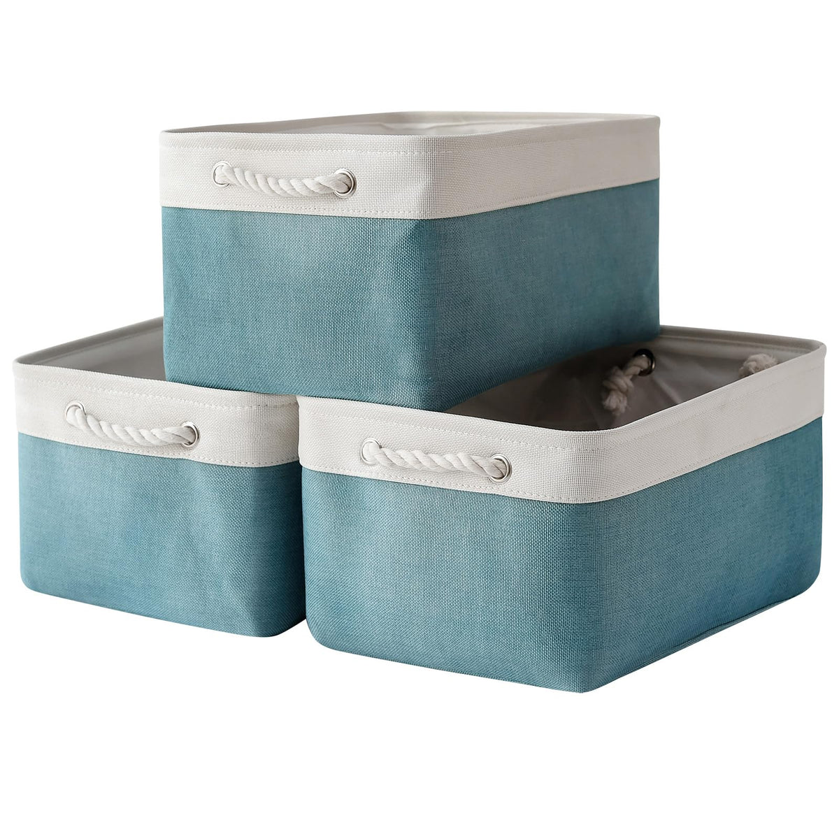 TheWarmHome Storage Basket for Organizing - Medium 3 Pack 14x10x7 inch Fabric Storage Cubes for Shelves with Rope, Collapsible Storage Bin for Organizer Closet Cloth Gift Toy (White & Jean Blue)