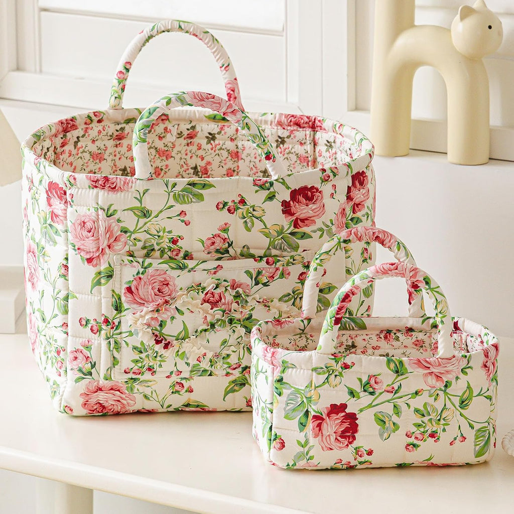 vctops 2 Pack Boho Fabric Quilted Storage Baskets for Organizing, Basket Organizer Gift Basket with Handles, Storage Bins for Toys, Books, Towels, and Clothes, Collapsible Fabric(Floral A)