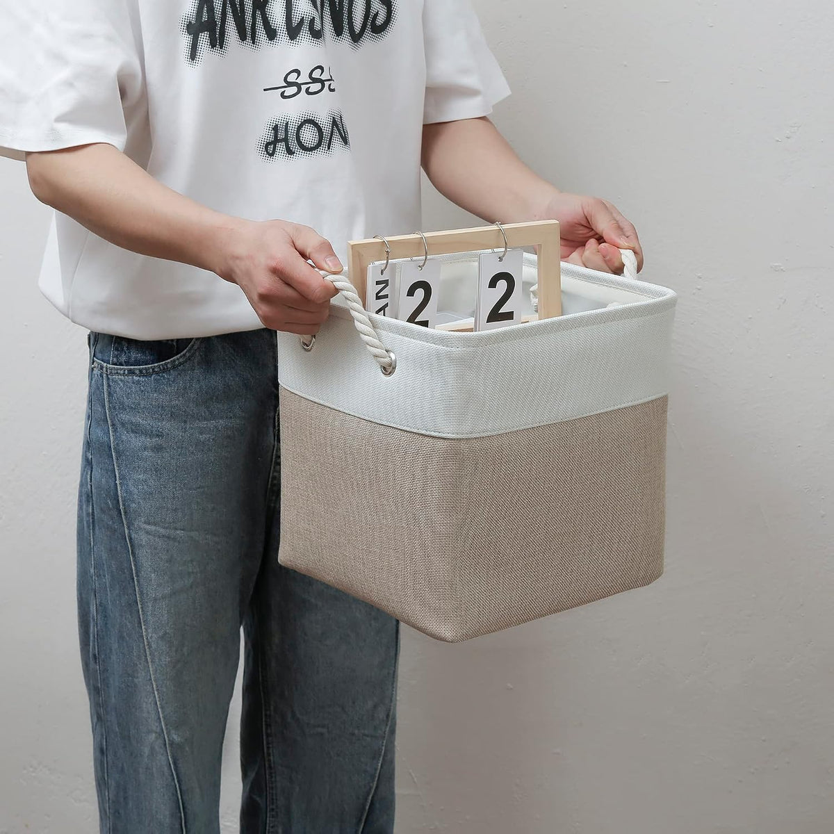 MidmmVick 11 x 11 Inch Cube Storage Bins, 6 Pack Large Collapsible Fabric Storage Bin with Ropes, Foldable Storage Cubes for Home, Office,Closet, Clothes, Toys Organizer (White & Beige-11"x11"x11")