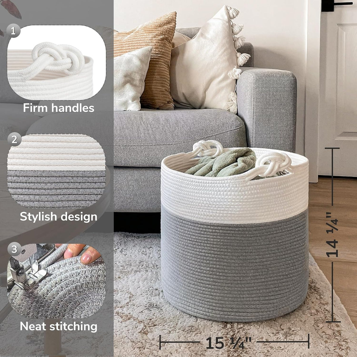 Goodpick Woven Rope Blanket Basket Living Room, 40L, Grey