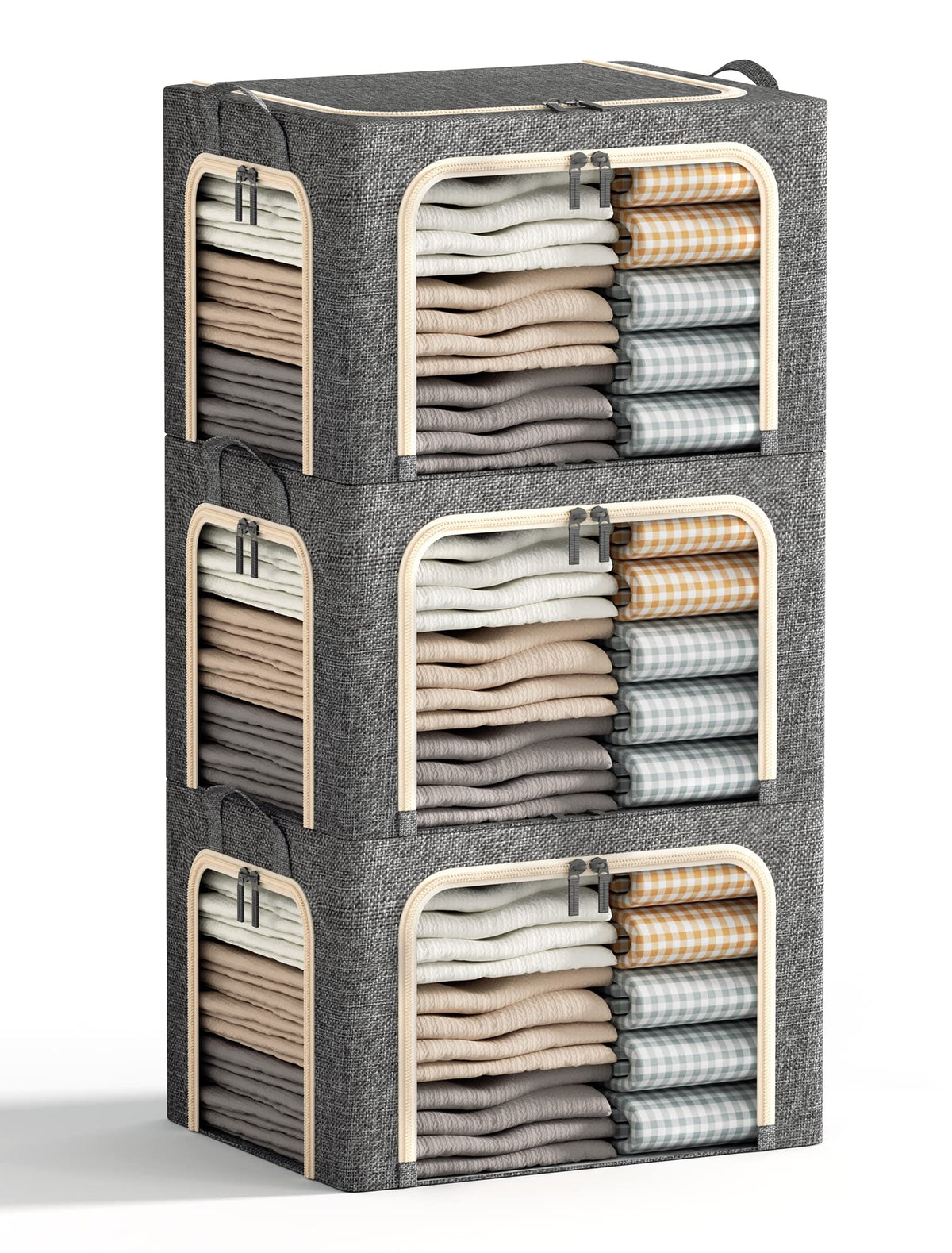 3 Openings Clothes Storage Bins with Metal Frame, Foldable Storage Bin for Clothes, Clothing Storage Bins with Lid, Linen Storage Box With Clear Window＆ Zippers＆ Durable Handles.(3 Pcs,Light Grey,40L)