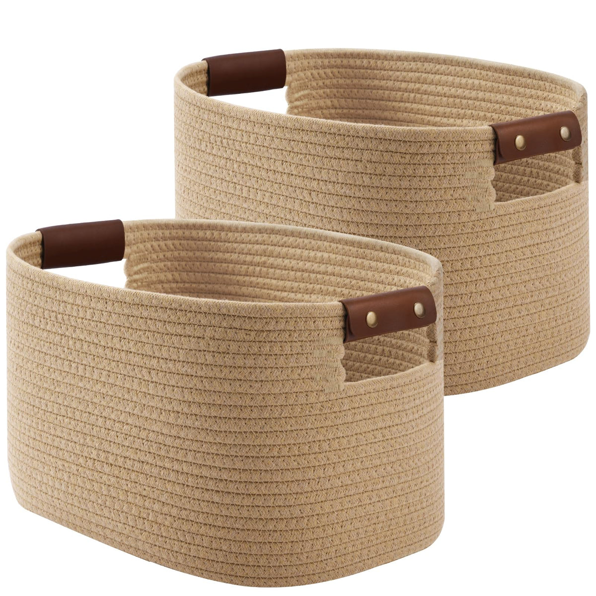 ECDYQXVU 15x10x9 Woven Cotton Rope Storage Basket, Leather Handles 1 Pack