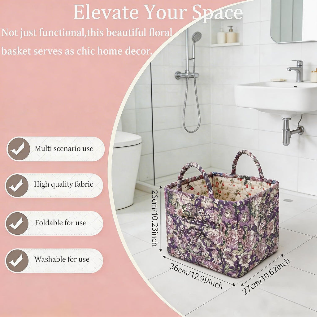 Quilted Laundry Basket with Handles - Multi-Purpose Fabric Storage Basket，Boho Fabric Storage Baskets with Handles for Car, Home & Nursery - Collapsible Square Organizer (Purple)