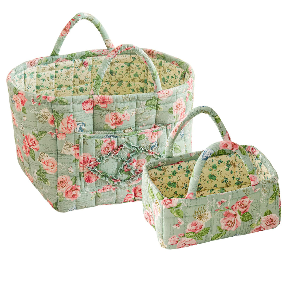vctops 2 Pack Boho Fabric Quilted Storage Baskets for Organizing, Basket Organizer Gift Basket with Handles, Storage Bins for Toys, Books, Towels, and Clothes, Collapsible Fabric(Floral A)