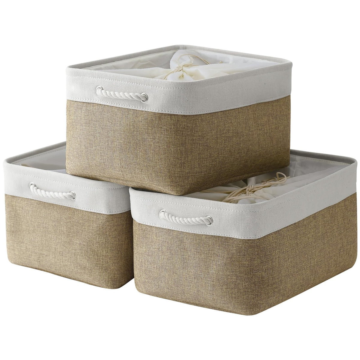 TheWarmHome Storage Basket for Organizing - Medium 3 Pack 14x10x7 inch Fabric Storage Cubes for Shelves with Rope, Collapsible Storage Bin for Organizer Closet Cloth Gift Toy (White & Jean Blue)