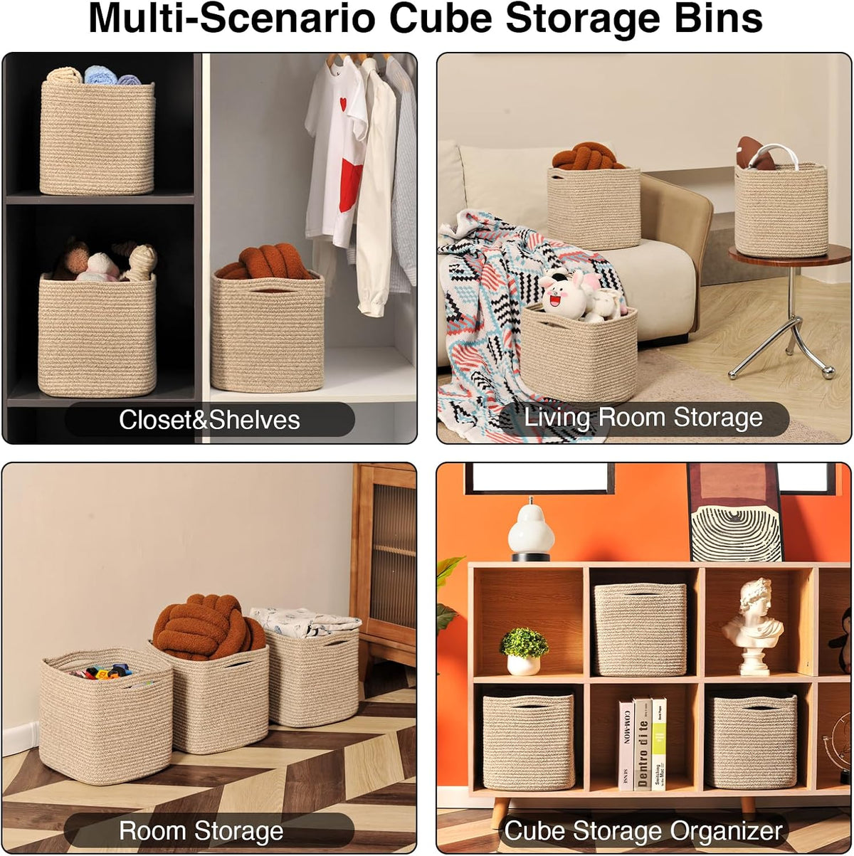 ICERZCZ 11 Inch Cube Storage Bins, Woven Baskets, Mixed Brown, Pack of 3