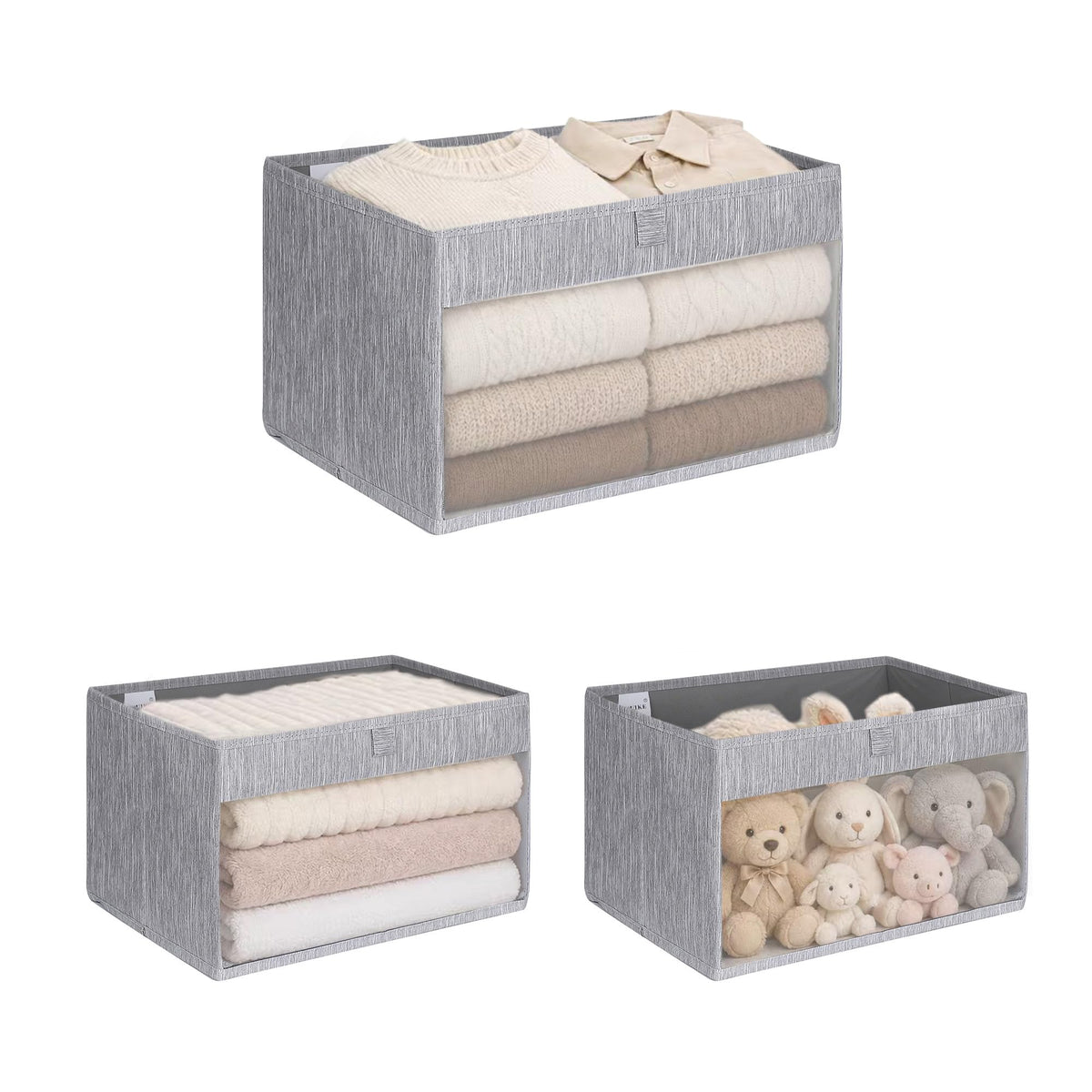 WUIKE Closet Storage Bins with Clear Window, Beige, Large, 3-Pack