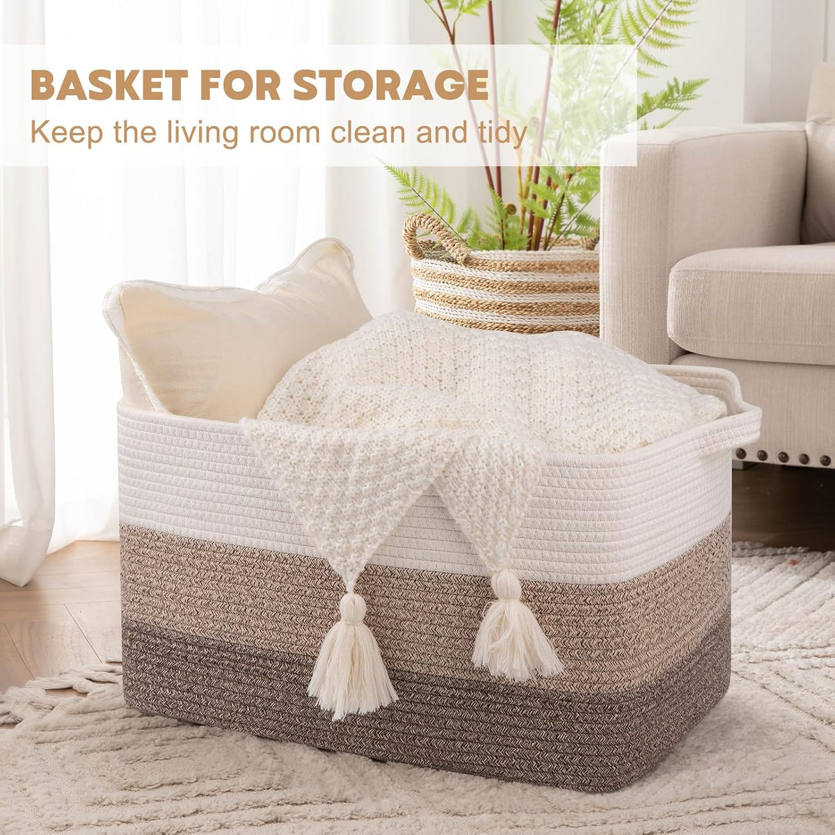 OIAHOMY Large Blanket Basket, 65L Cotton Rope Woven Laundry Basket, Toy Bin for Baby Room, Container for Blanket Storage in Living Room, 20''×16''×12'', Gradient Brown