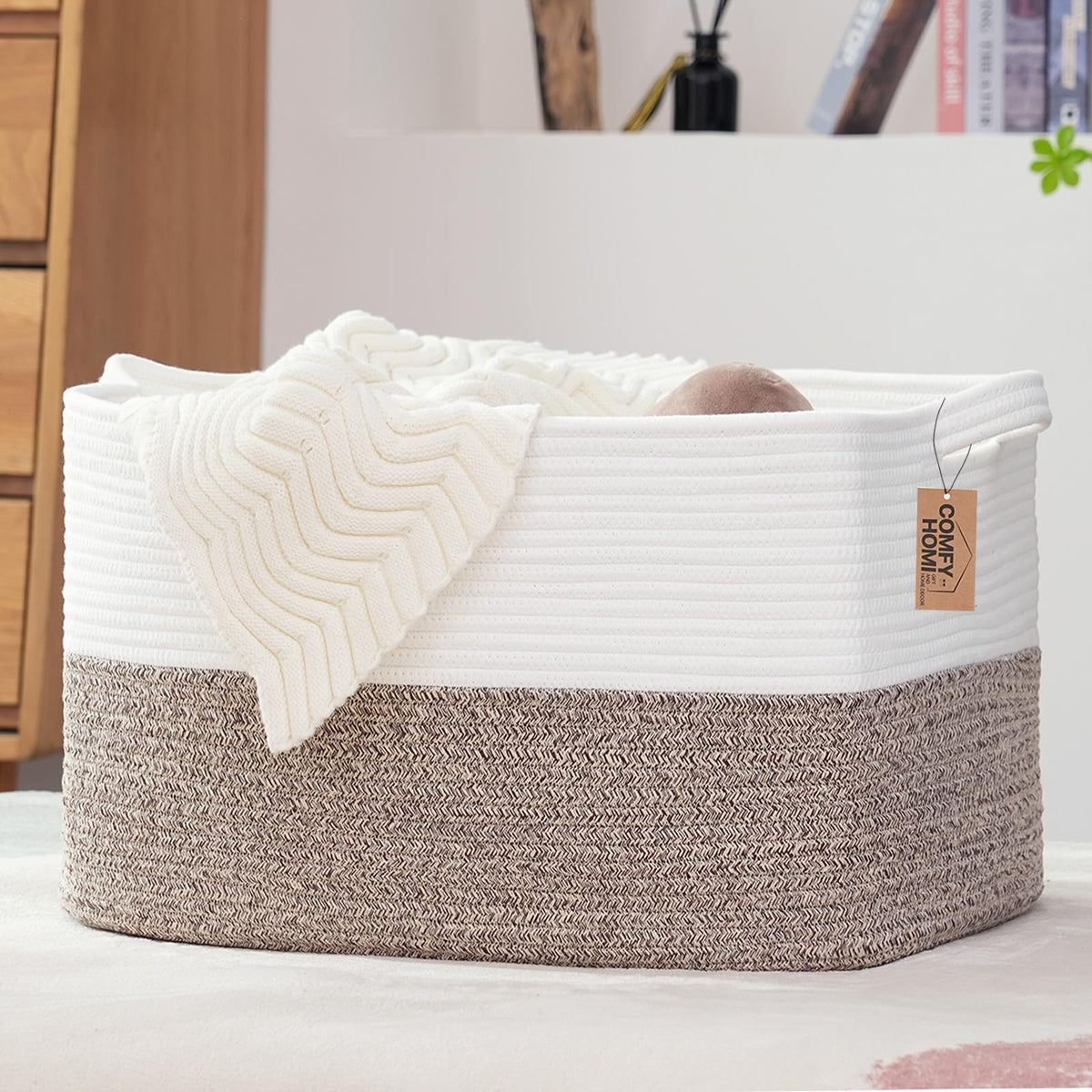 COMFY-HOMI Cotton Rope Woven Basket with Handles for Shelves,Toys,Book, Cloth Storage Baskets Bin for Organizing- 1 PCSToy Decorative Organizer for Living Room, Bathroom