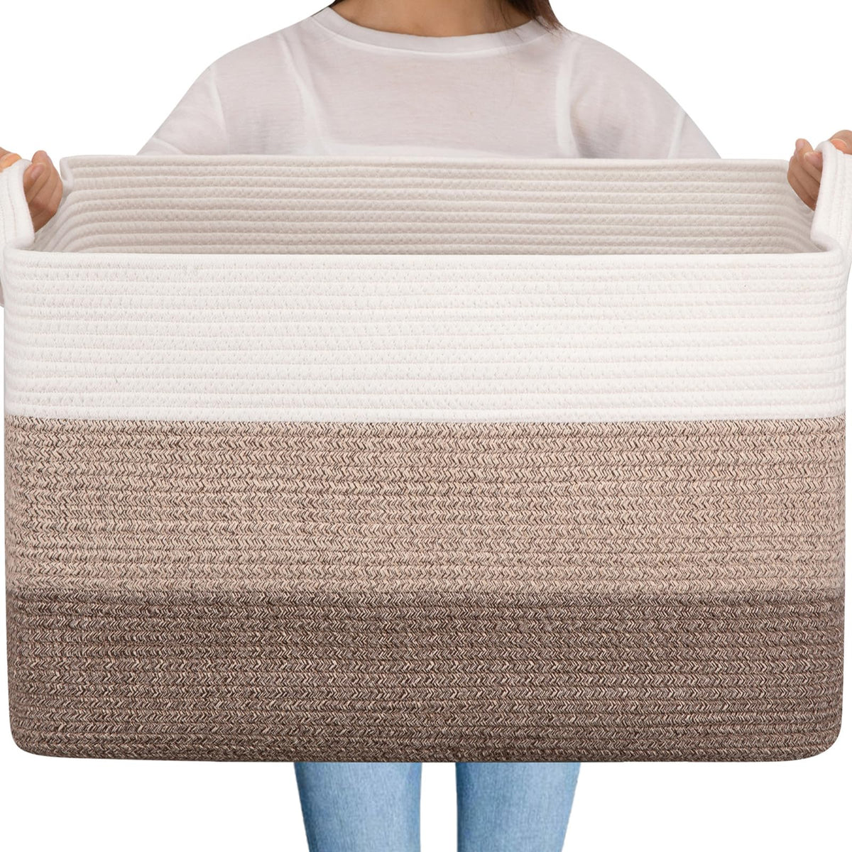 OIAHOMY Large Blanket Basket, 65L Cotton Rope Woven Laundry Basket, Toy Bin for Baby Room, Container for Blanket Storage in Living Room, 20''×16''×12'', Gradient Brown