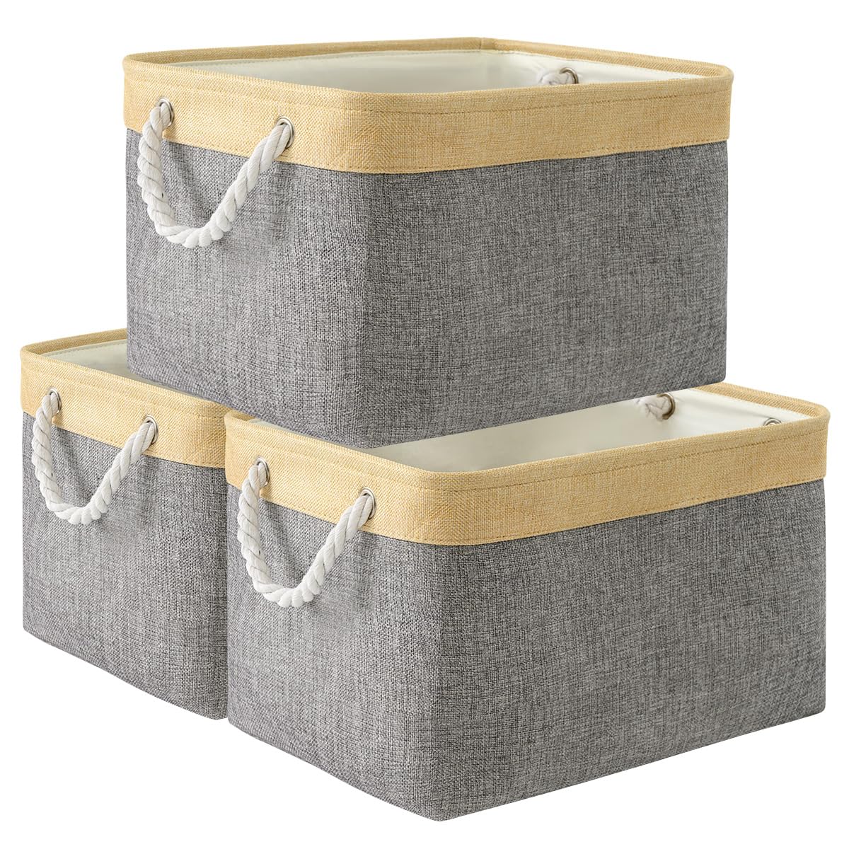 TheWarmHome Storage Basket for Organizing - Medium 3 Pack 14x10x7 inch Fabric Storage Cubes for Shelves with Rope, Collapsible Storage Bin for Organizer Closet Cloth Gift Toy (White & Jean Blue)