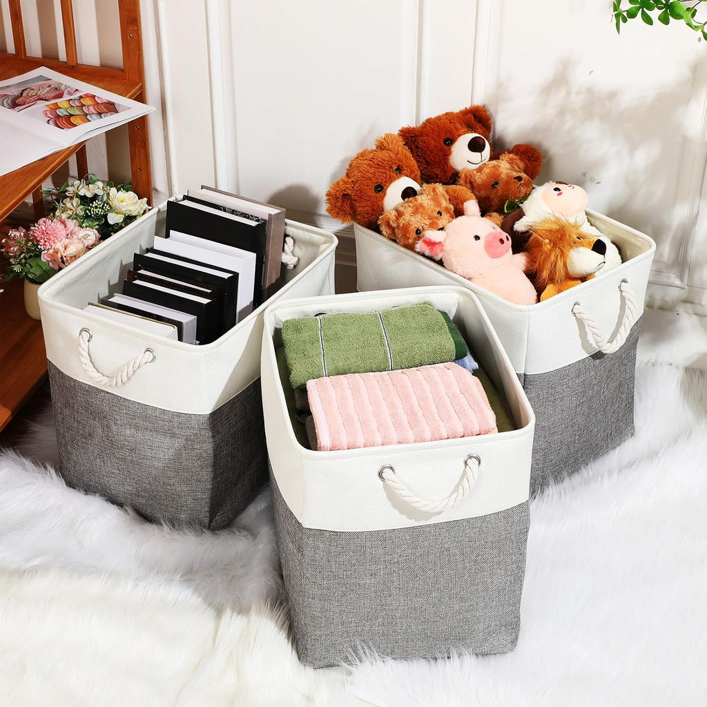 meekoo 8 Pack Fabric Storage Bins Baskets, 15 x 11 x 9.5 in, Gray White