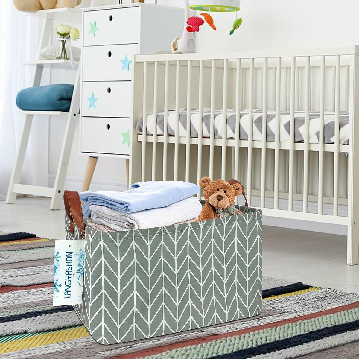 Rectangular Collapsible Grey Point Storage Basket Nursery Organizer