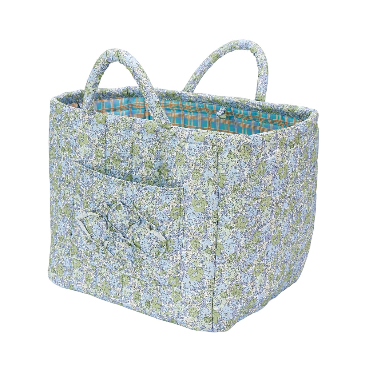 Boho Fabric Storage Basket Quilted Floral Print Baskets Organizer Bin with Handles for Home, Picnic, Shopping (Green, L)