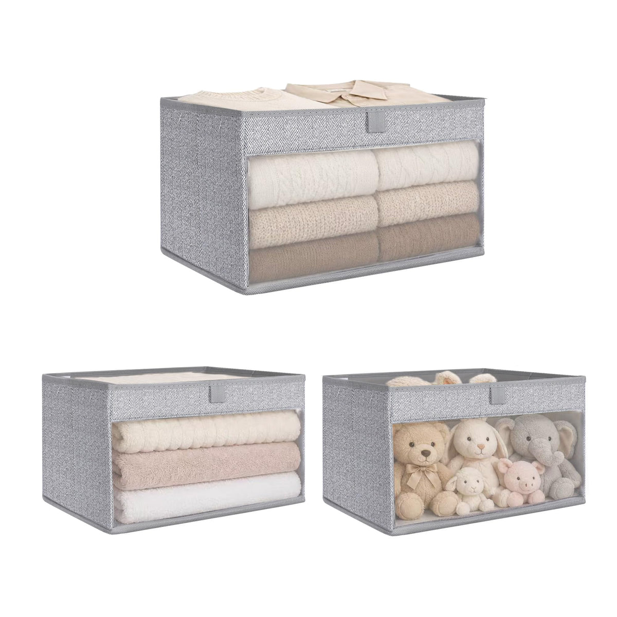 WUIKE Closet Storage Bins with Clear Window, Beige, Large, 3-Pack
