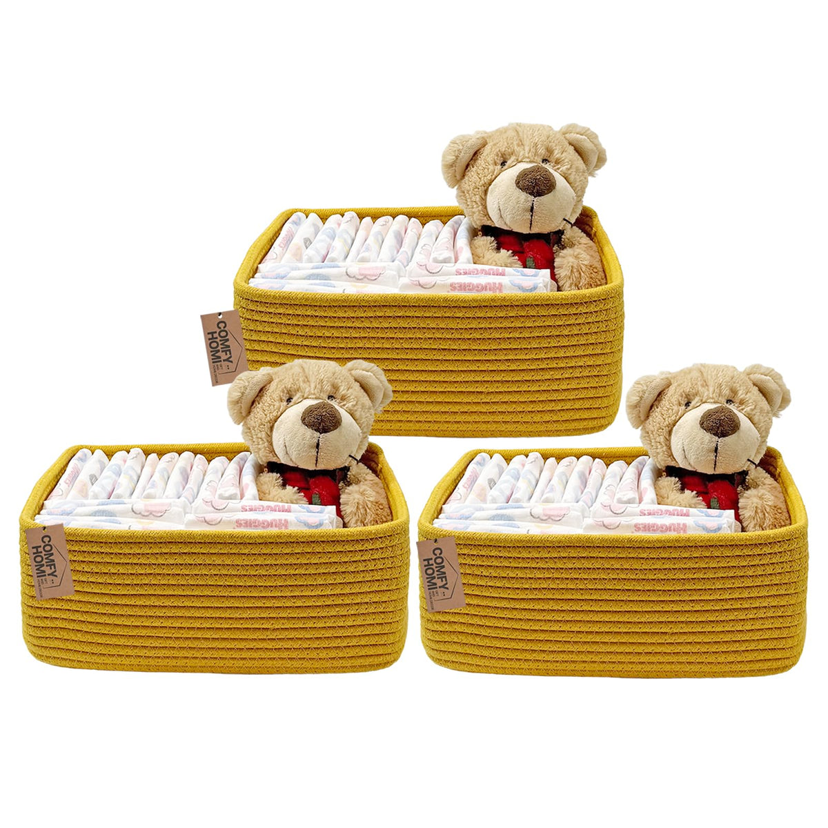 COMFY-HOMI 3PACK Cotton Rope Square Basket with Handles for Shelves|Dog Toy Bin and Storage|Baby Gift|Shoe Organizer|New 13.5" x 11" x 9.5" for Living Room (Black/Jute)