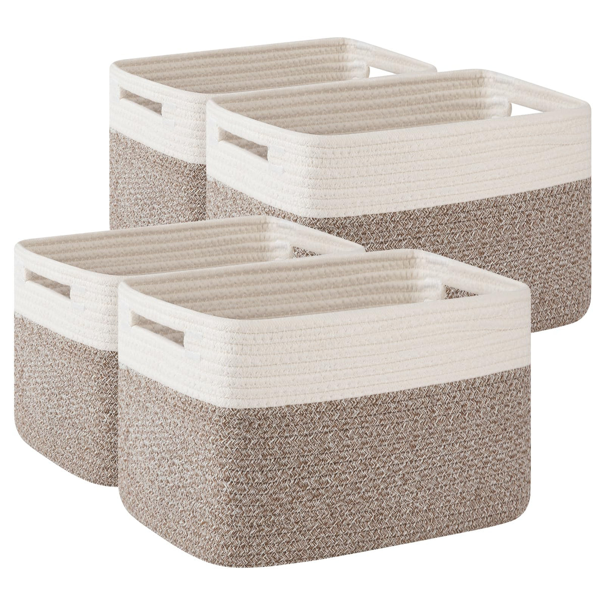 OIAHOMY 4 Pack Storage Basket, 13"x9"x7.8" Cotton Rope Baskets for Shelves, Closet Organizer for Bedroom & Living Room, Soft Decorative Bins for Organizing Towels, Books & Toys, Brown & White