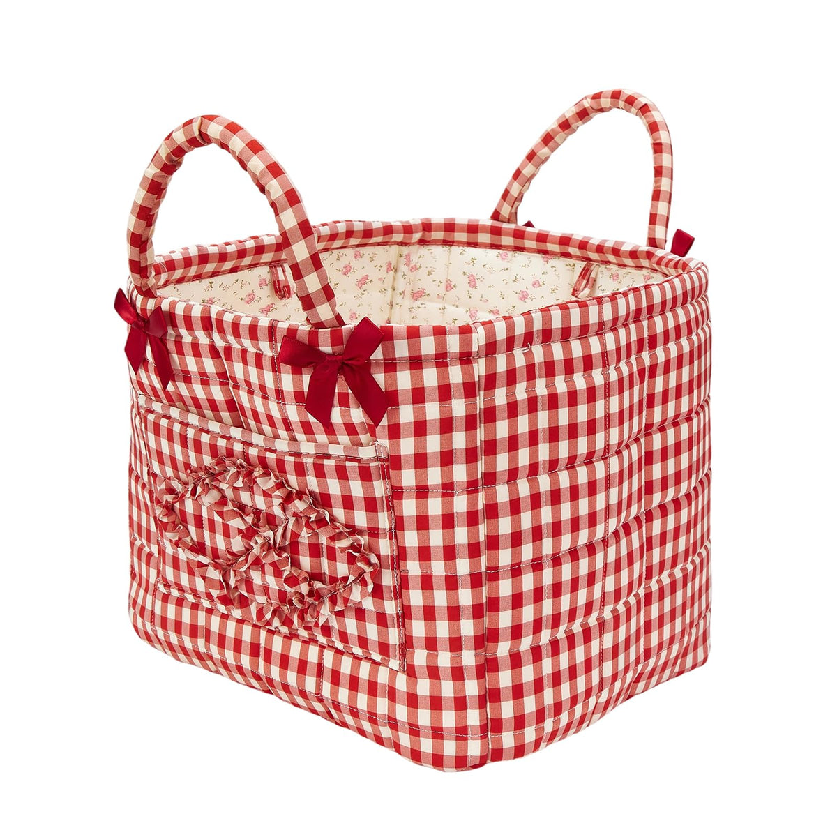 Boho Fabric Storage Basket Quilted Floral Print Baskets Organizer Bin with Handles for Home, Picnic, Shopping (Green, L)
