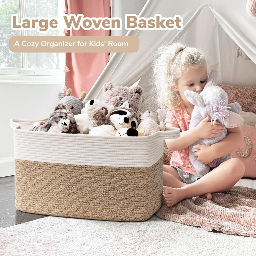 Goodpick Large Woven Rope Blanket Basket, Rectangle, White & Light Brown